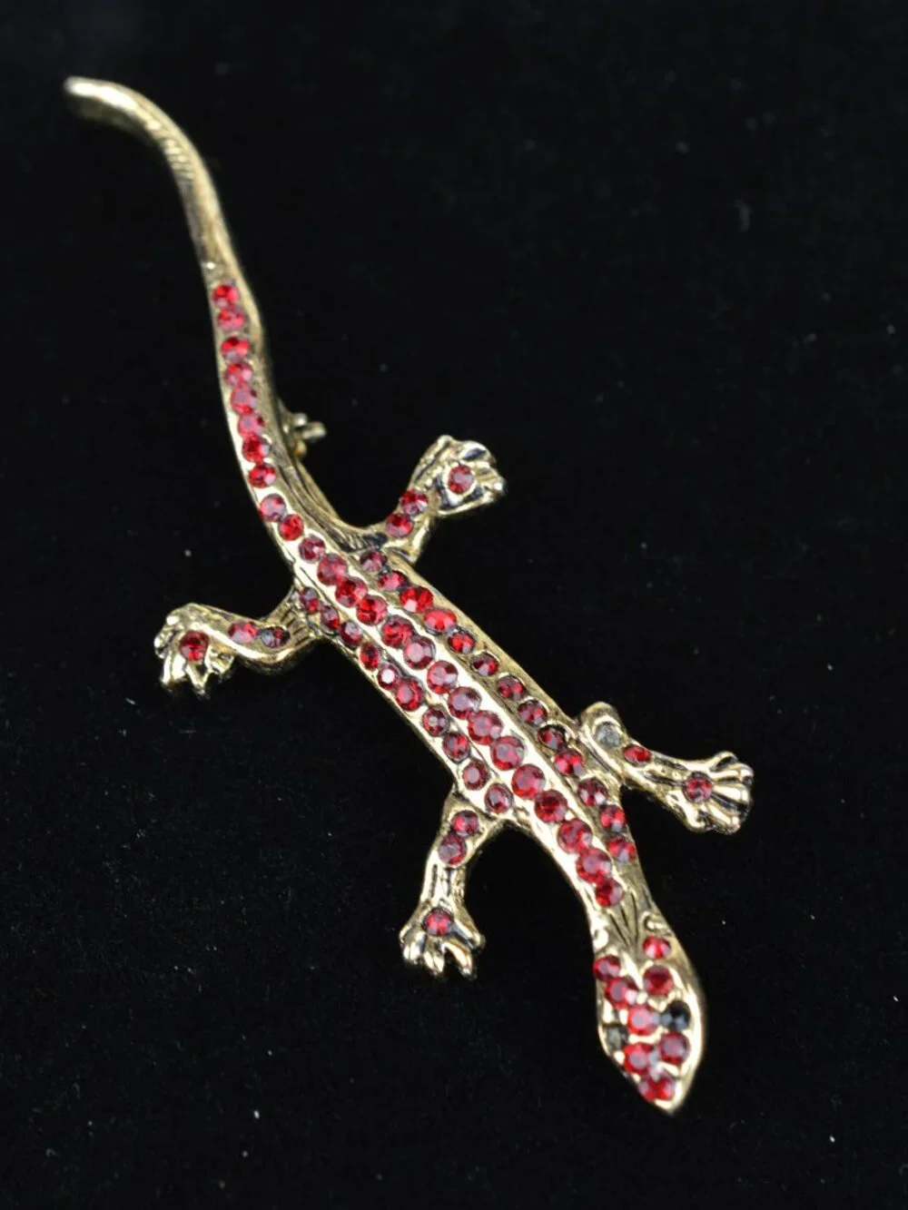 Vintage Red Rhinestone Lizard Brooch Pin Antique Gold Tone Gecko Salamander 3
